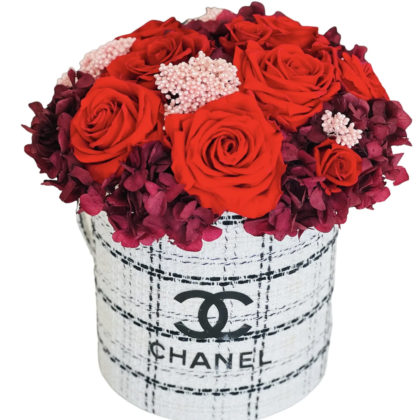 Red Roses with Hydrangea in White Chanel Box