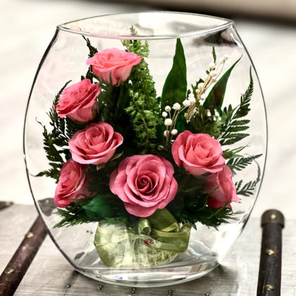Pink Marina - Pink Preserved Roses in Glass Vase