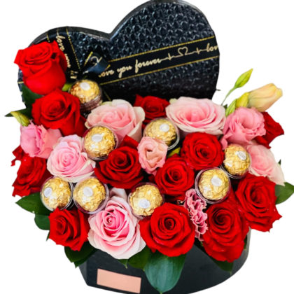 Romantic Red Roses With Ferrero Rocher - Hat Box